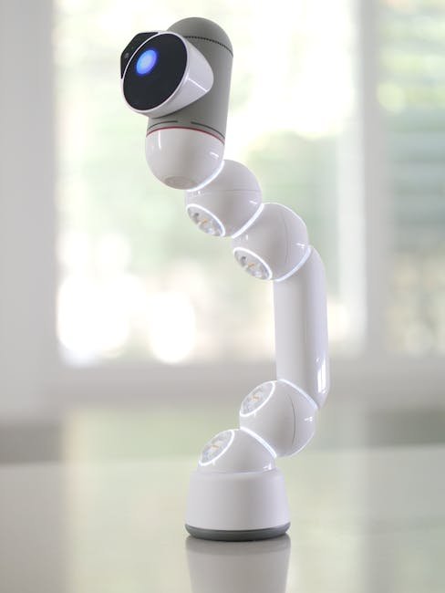 Futuristic robotic arm with camera lens for innovative technology applications.